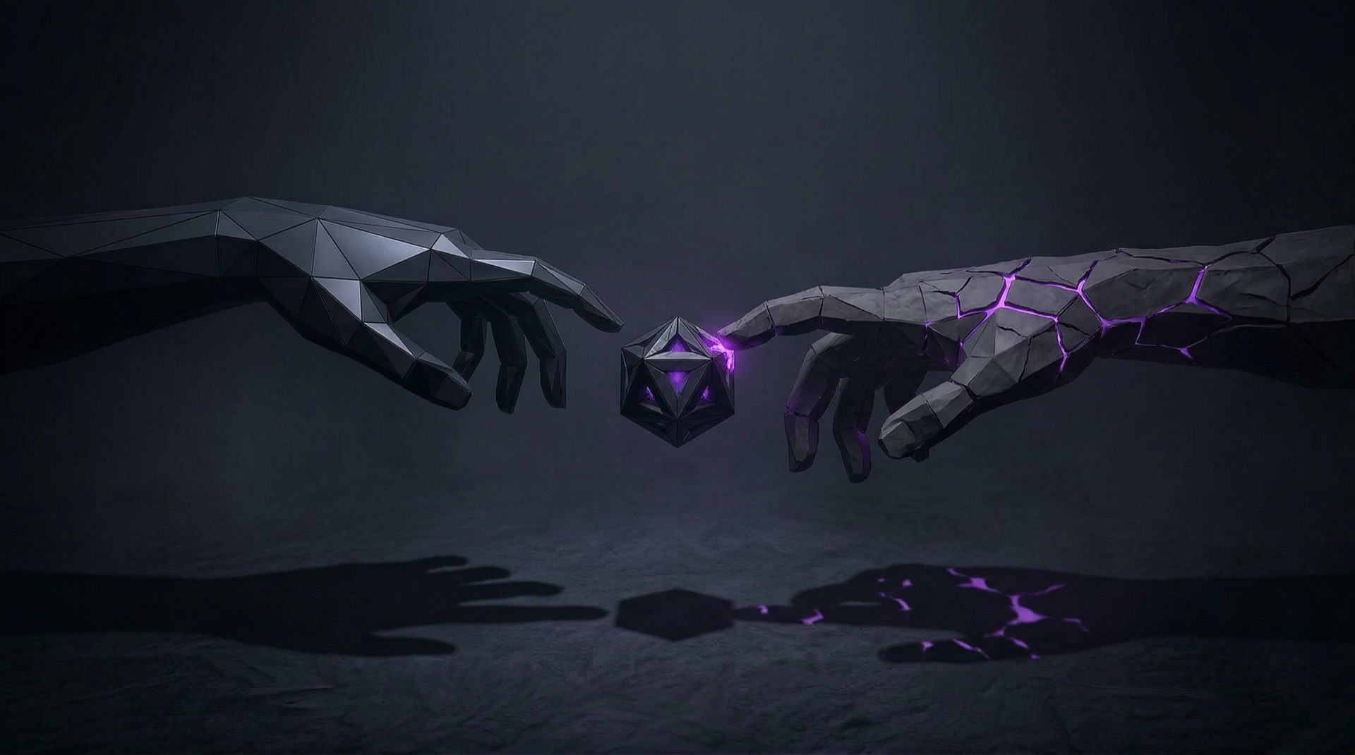 Zwei Low-Poly-Hände — eine maschinenhaft glatt, eine menschlich mit violetten Rissen — greifen nach einem schwebenden Würfel