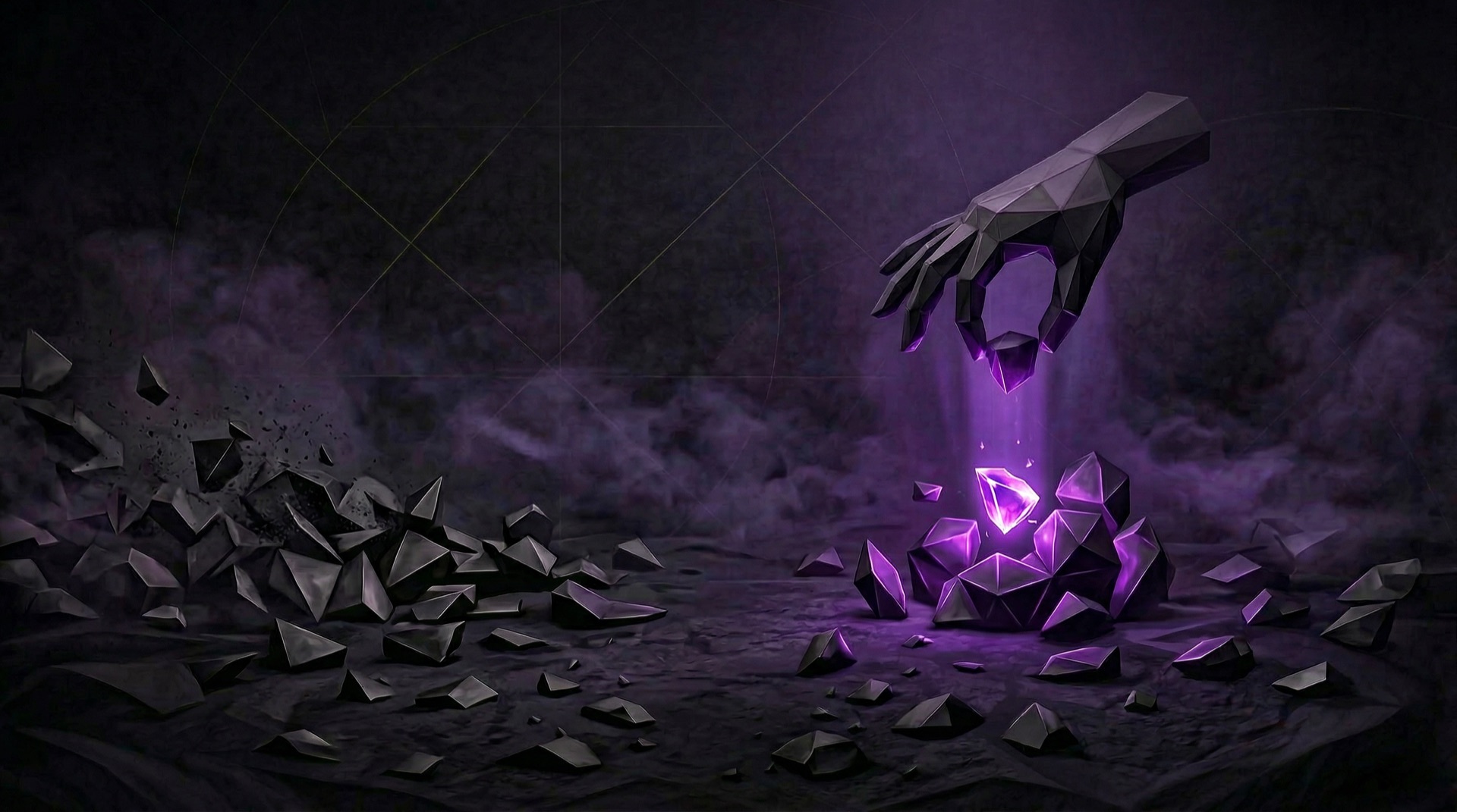 Low-Poly-Hand hebt einen leuchtenden violetten Kristall aus dunklem Geröll — daneben liegen aussortierte Fragmente