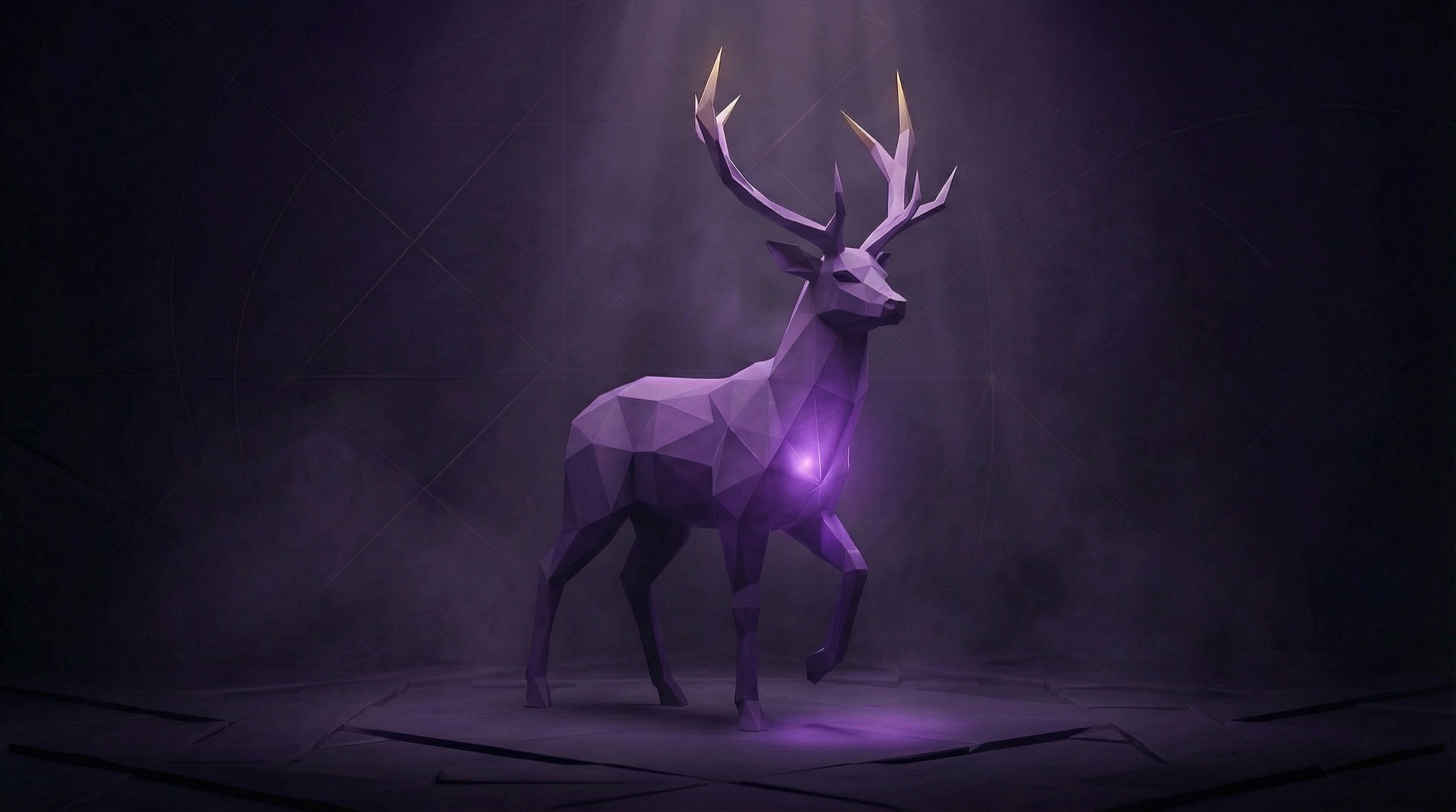Violett leuchtender Low-Poly-Hirsch schreitet aufrecht durch einen dunklen Raum ins Licht