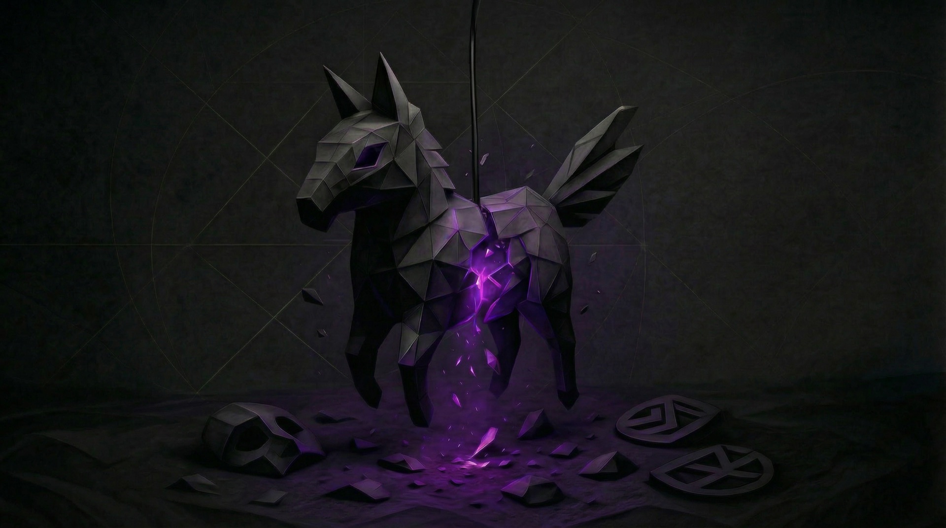 Dunkle Low-Poly-Piñata in Pferdeform bricht auf — aus dem Inneren strahlt violettes Licht, am Boden liegen Fragmente der Hülle