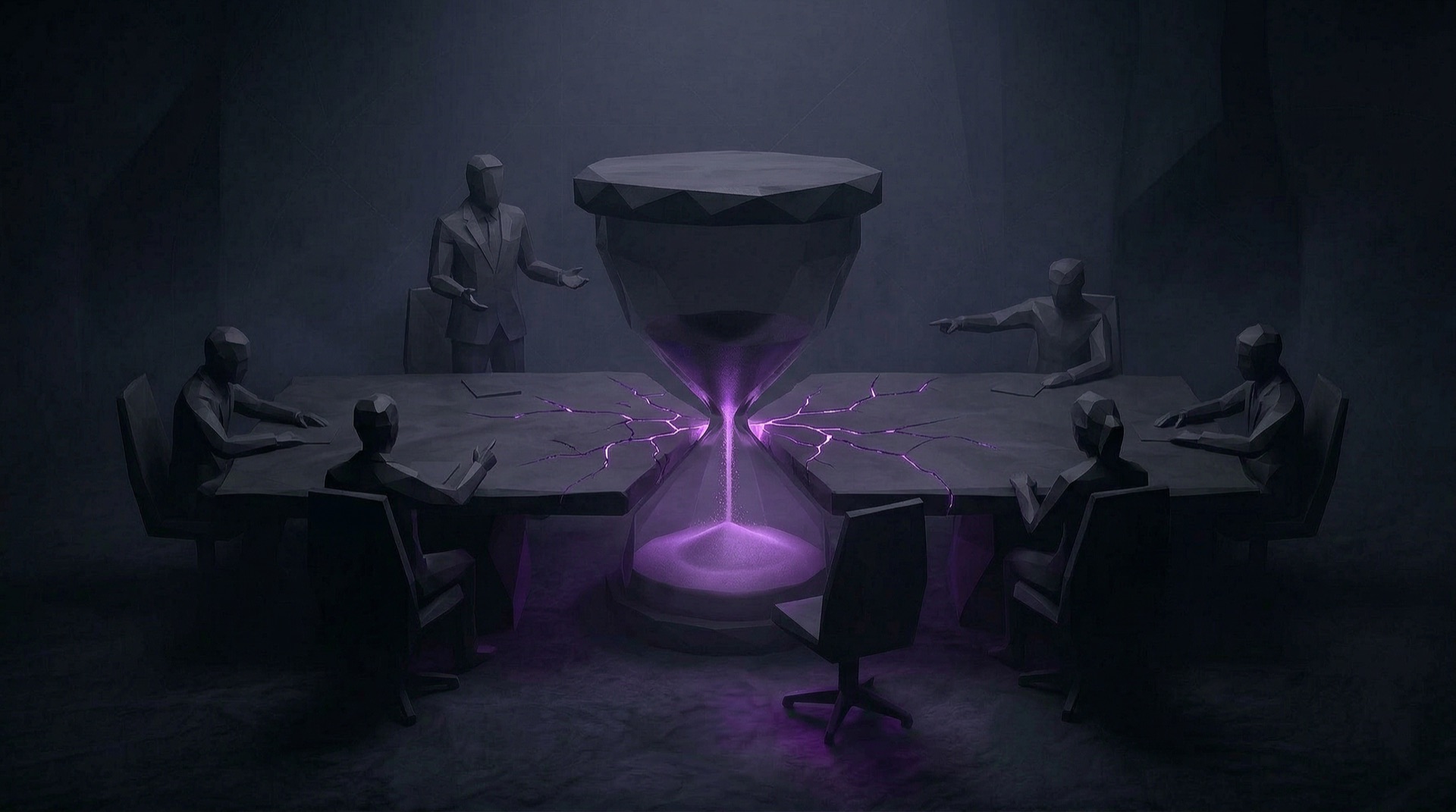 Low-Poly-Konferenzraum: Führungskräfte um einen Tisch, in dessen Mitte eine riesige Sanduhr violett verrinnt