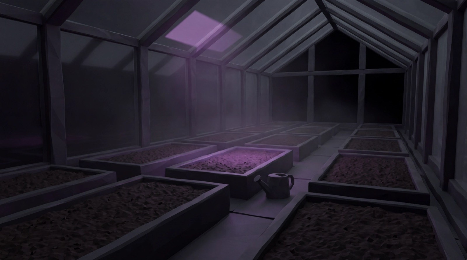 Dunkles Low-Poly-Gewächshaus mit leeren Beeten und einem einzelnen violett leuchtenden Beet