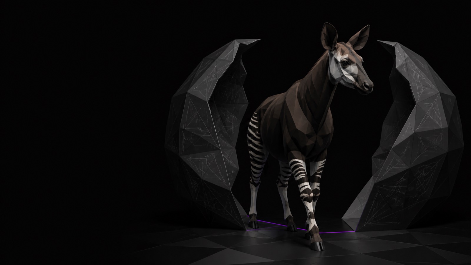 Ein Low-Poly-Okapi tritt als eigenständige Gestalt zwischen zwei unvollständigen geometrischen Formen hervor