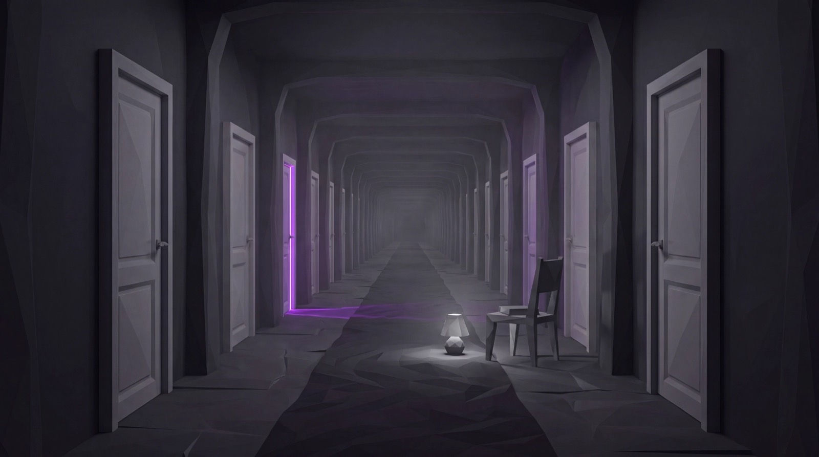 Dunkler Low-Poly-Korridor mit geschlossenen Türen, einer einzelnen violett leuchtenden Tür und einer Lampe am Boden