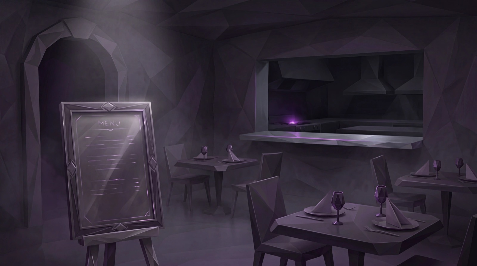 Dunkler Low-Poly-Speiseraum mit beleuchteter Speisekarte auf einer Staffelei und einer dunklen, leeren Küche im violetten Schimmer dahinter