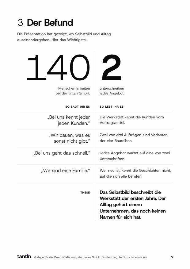 Seite 5 der Vorlage, „Der Befund“, mit zwei großen Zahlen und einer Tabelle in zwei Spalten.