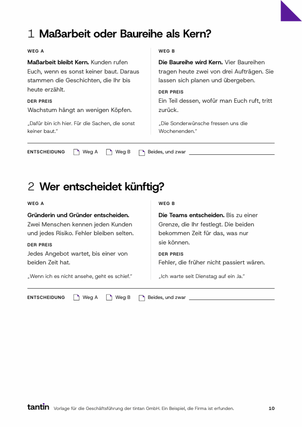 Seite 10 der Vorlage. Zwei Weggabelungen mit je zwei Wegen, darunter je eine Zeile zum Ankreuzen.